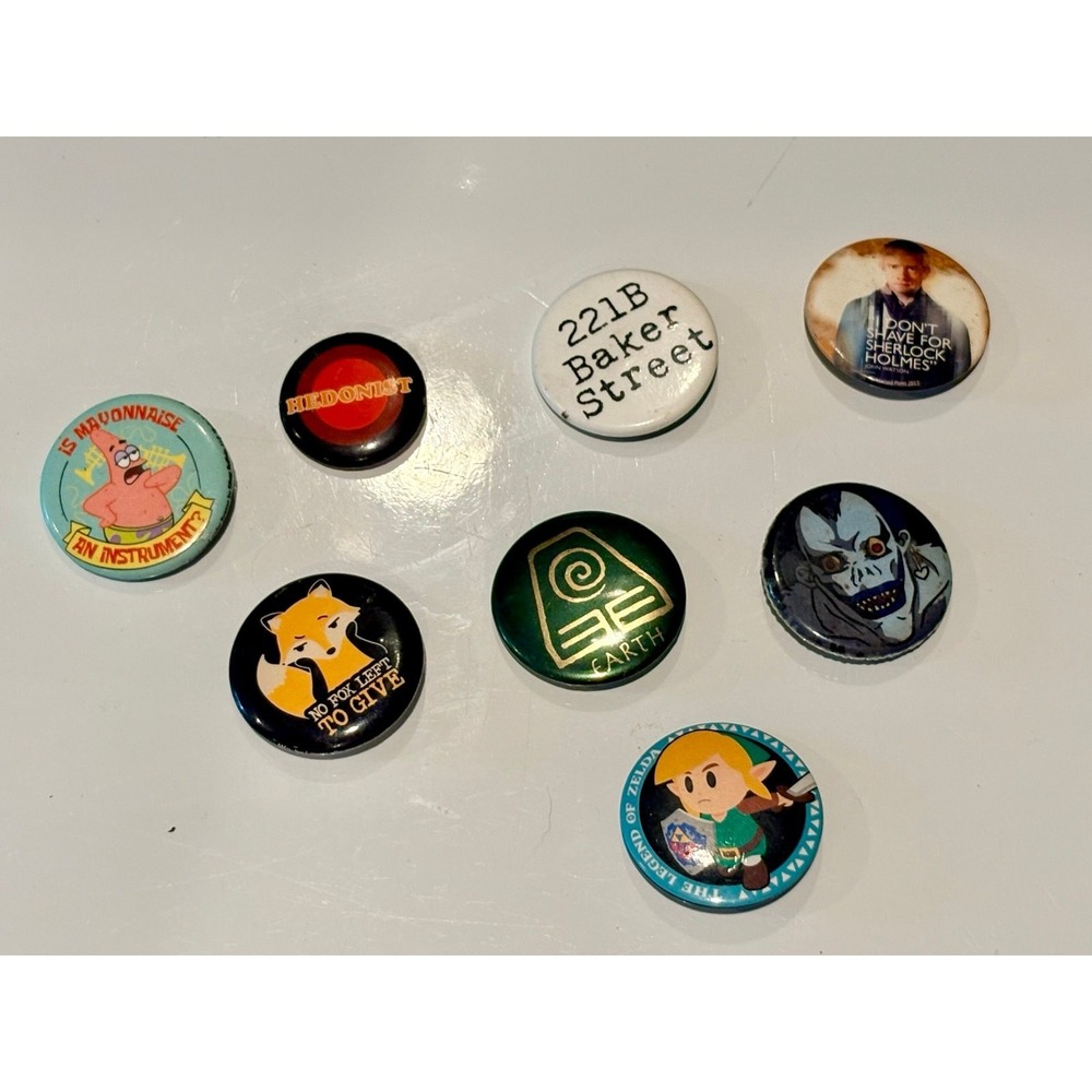 Lot of 8 Pop Culture Pins! Death Note Ryuk Spongebob Zelda Hippie Fashion Metal